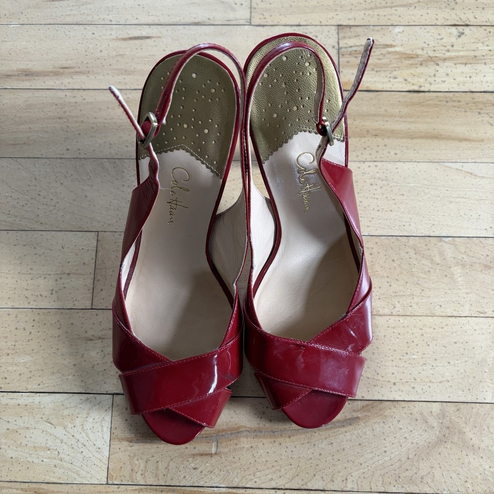 Cole Haan Air‎ Carma Sling Back Red Burgundy Patent Leather Peep Toe Pump 8 B - Picture 2 of 10